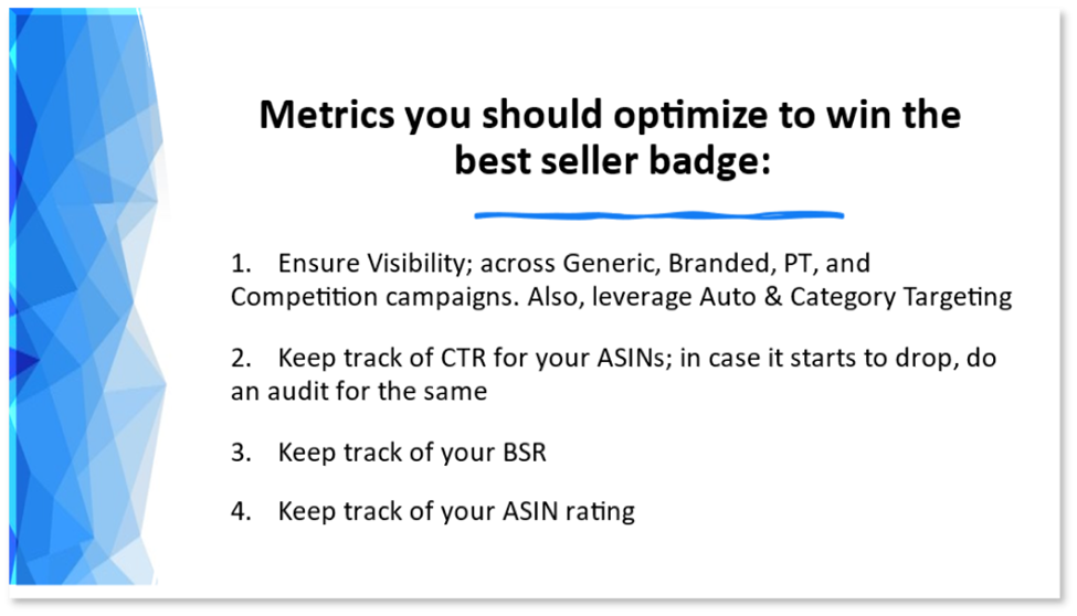 Metrics to optimize for Amazon Best Seller Badge Metrics to optimize for Amazon Best Seller Badge